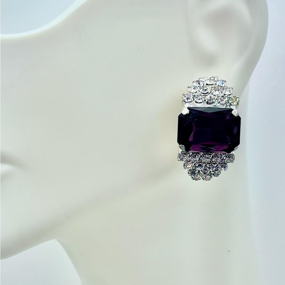 Vintage Deep Purple Amethyst Glass & Rhinestone Clip-On Statement Earrings